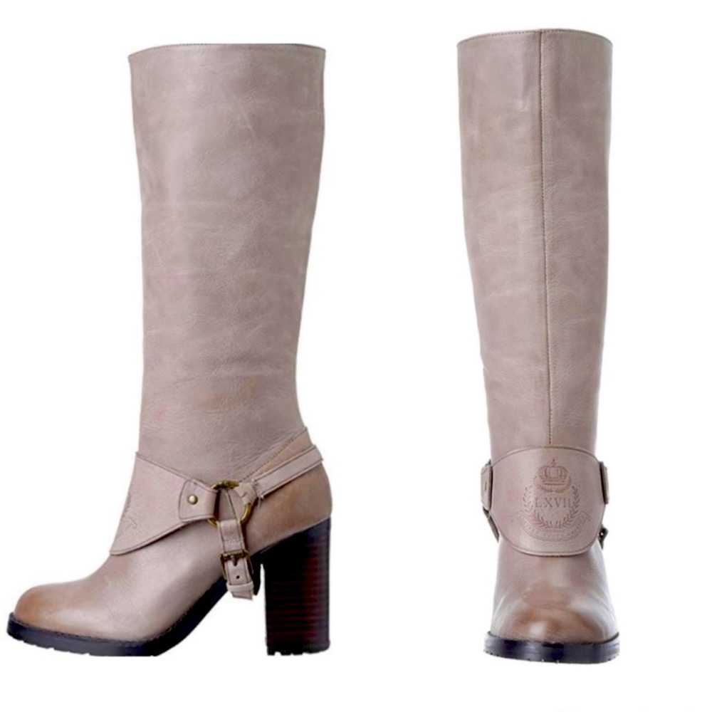 Lauren Ralph Lauren Delsa Taupe Gray Burnished Leather Riding Boots Size 8,5